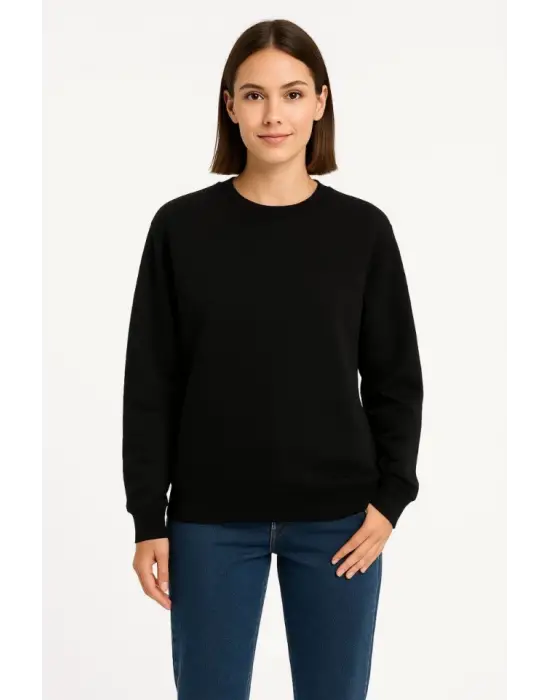 Üç İplik Düz Bisiklet Yaka SweatShirt  - Siyah