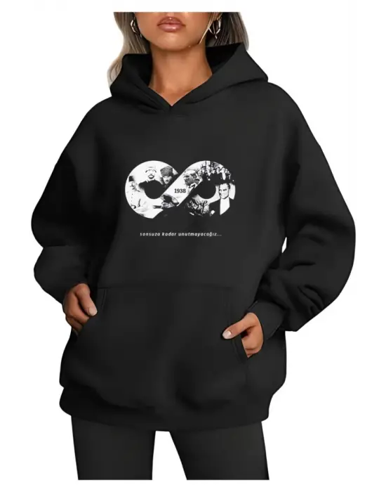 Üç İplik Kapşonlu 10 Kasıma Özel SweatShirt - Siyah