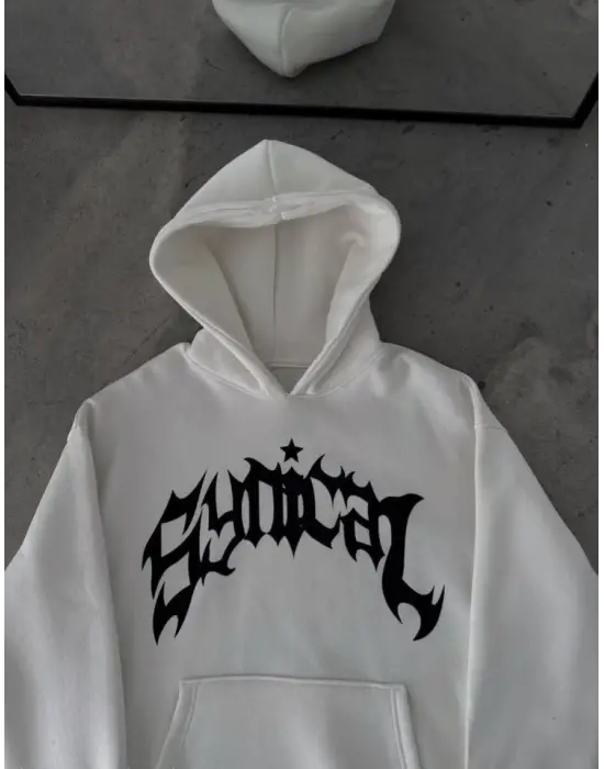 Omarı Oversize Kapşonlu Baskılı Sweatshirt - Beyaz