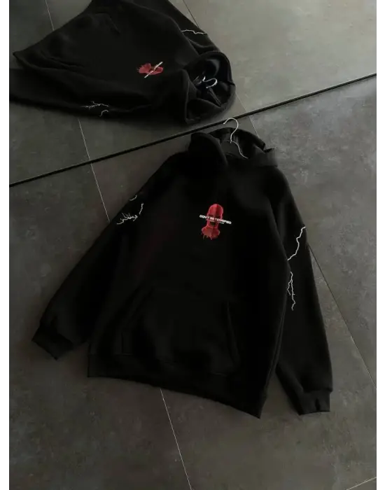 Üç İplik Kapşonlu Baskılı Oversize SweatShirt- Siyah