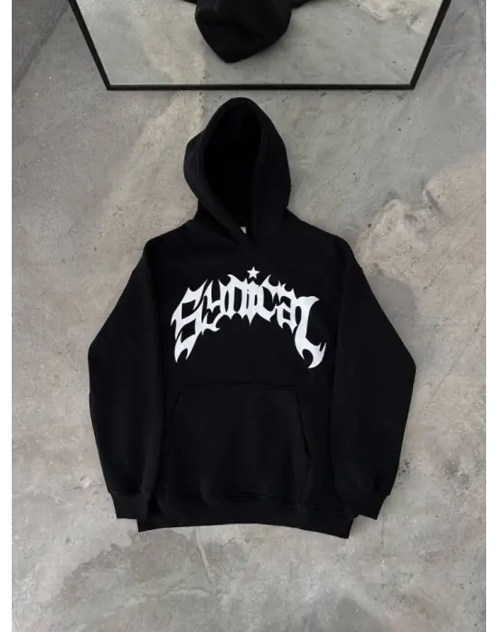 Üç İplik Kapşonlu Baskılı Oversize SweatShirt- Siyah