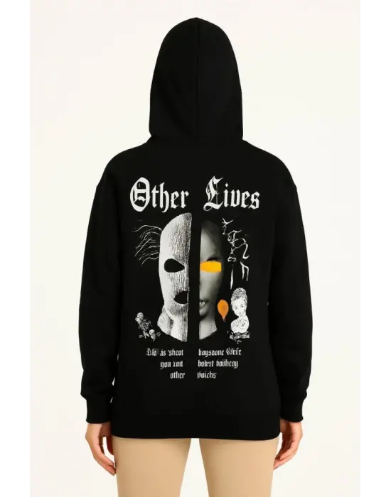 Üç İplik Kapşonlu ön Ve Arka Baskılı SweatShirt Hoodie- Siyah