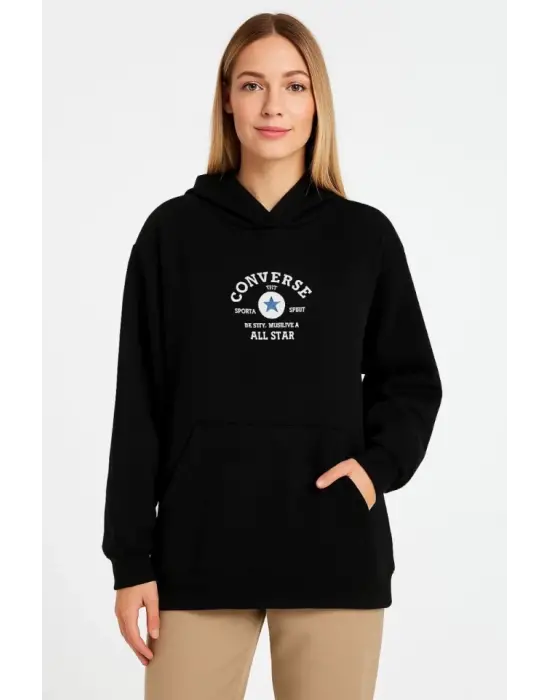 Üç İplik Kapşonlu ön Ve Arka Baskılı SweatShirt Hoodie- Siyah