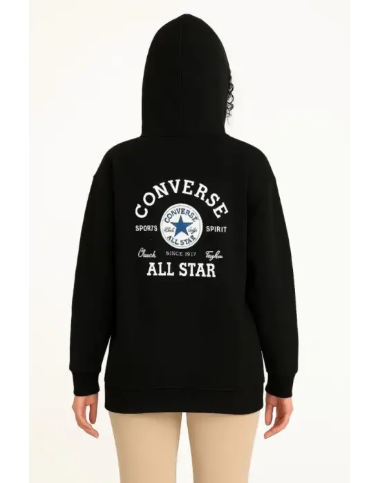 Üç İplik Kapşonlu ön Ve Arka Baskılı SweatShirt Hoodie- Siyah