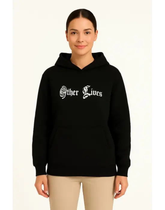 Üç İplik Kapşonlu ön Ve Arka Baskılı SweatShirt Hoodie- Siyah