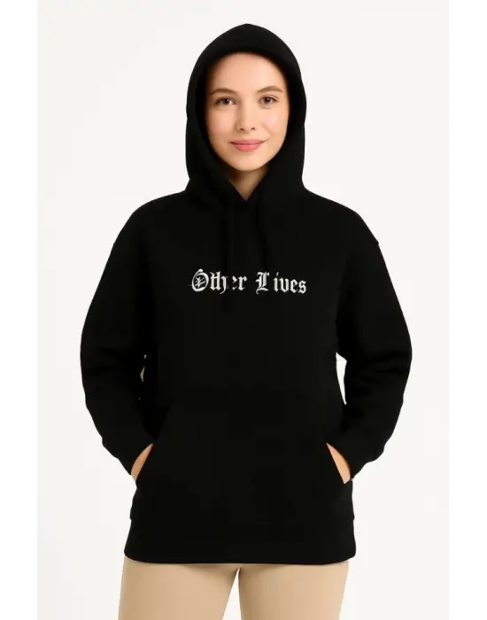 Üç İplik Kapşonlu ön Ve Arka Baskılı SweatShirt Hoodie- Siyah