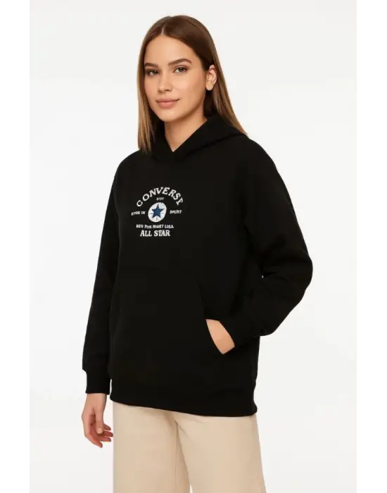 Üç İplik Kapşonlu ön Ve Arka Baskılı SweatShirt Hoodie- Siyah