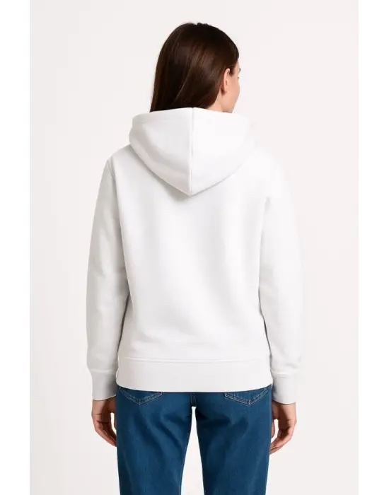 Üç İplik Kapüşonlu Kanguru Çepli SweatShirt Hoodie - Beyaz