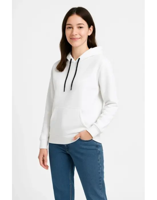 Üç İplik Kapüşonlu Kanguru Çepli SweatShirt Hoodie - Beyaz