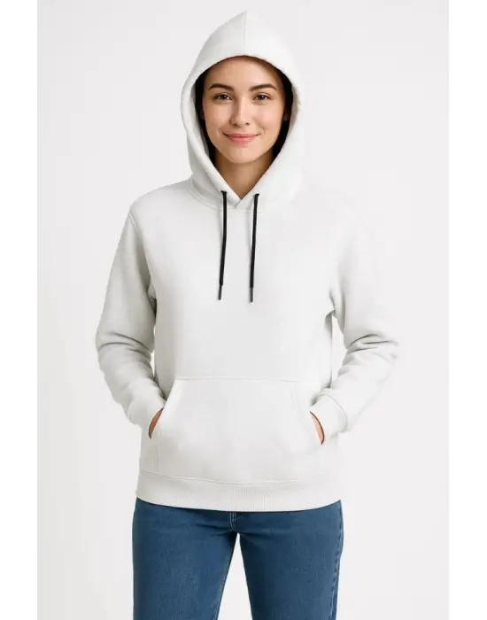 Üç İplik Kapüşonlu Kanguru Çepli SweatShirt Hoodie - Beyaz