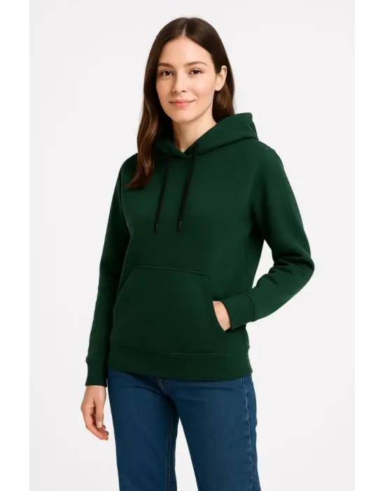 Üç İplik Kapüşonlu Kanguru Çepli SweatShirt Hoodie - Haki