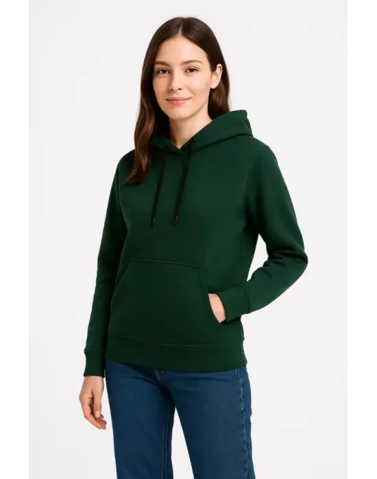 Üç İplik Kapüşonlu Kanguru Çepli SweatShirt Hoodie - Haki