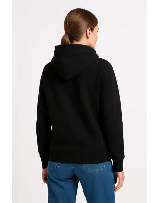 Üç İplik Kapüşonlu Kanguru Çepli SweatShirt Hoodie - Siyah