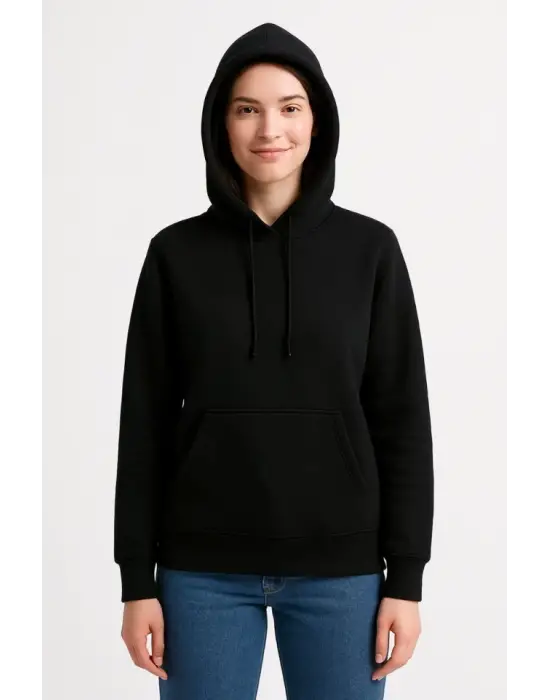 Üç İplik Kapüşonlu Kanguru Çepli SweatShirt Hoodie - Siyah