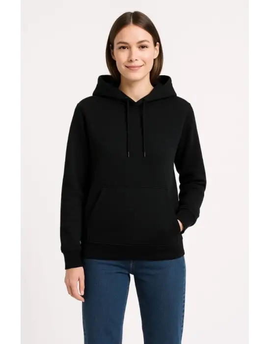 Üç İplik Kapüşonlu Kanguru Çepli SweatShirt Hoodie - Siyah