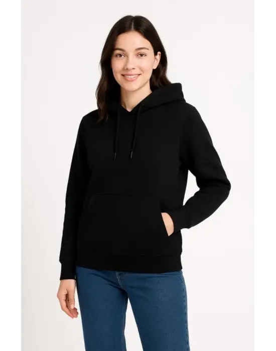 Üç İplik Kapüşonlu Kanguru Çepli SweatShirt Hoodie - Siyah