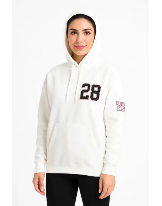 Üç İplik Kapüşonlu Ön Ve Arka Baskılı SweatShirt Hoodie - Beyaz