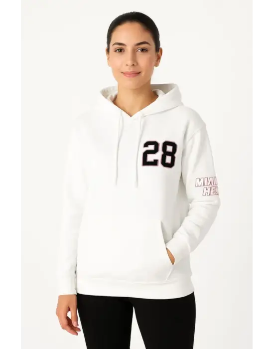 Üç İplik Kapüşonlu Ön Ve Arka Baskılı SweatShirt Hoodie - Beyaz