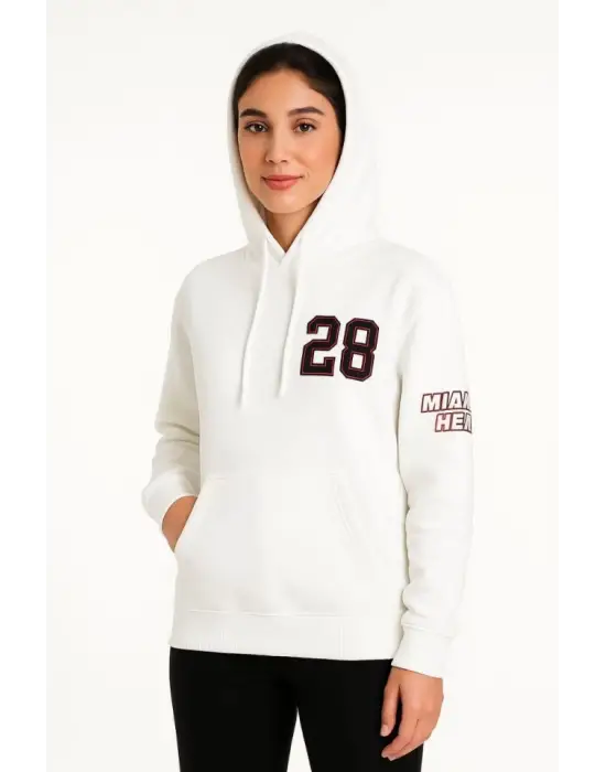 Üç İplik Kapüşonlu Ön Ve Arka Baskılı SweatShirt Hoodie - Beyaz