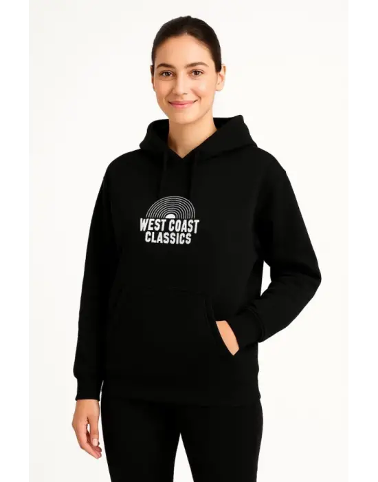 Üç İplik Kapüşonlu Ön Ve Arka Baskılı SweatShirt Hoodie - Siyah