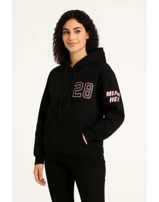 Üç İplik Kapüşonlu Ön Ve Arka Baskılı SweatShirt Hoodie - Siyah
