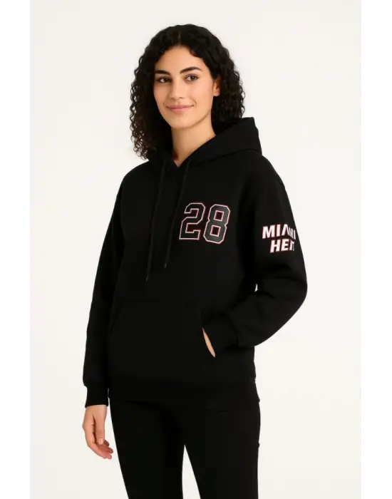 Üç İplik Kapüşonlu Ön Ve Arka Baskılı SweatShirt Hoodie - Siyah