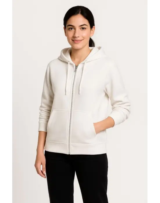 Üç İplik Kapüşonlu Tam Fermuarlı Kanguru Çepli SweatShirt Hoodie - Beyaz