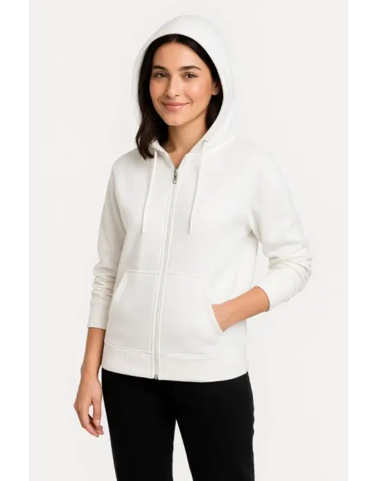 Üç İplik Kapüşonlu Tam Fermuarlı Kanguru Çepli SweatShirt Hoodie - Beyaz