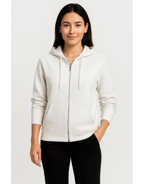 Üç İplik Kapüşonlu Tam Fermuarlı Kanguru Çepli SweatShirt Hoodie - Beyaz