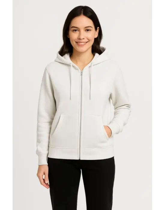 Üç İplik Kapüşonlu Tam Fermuarlı Kanguru Çepli SweatShirt Hoodie - Beyaz