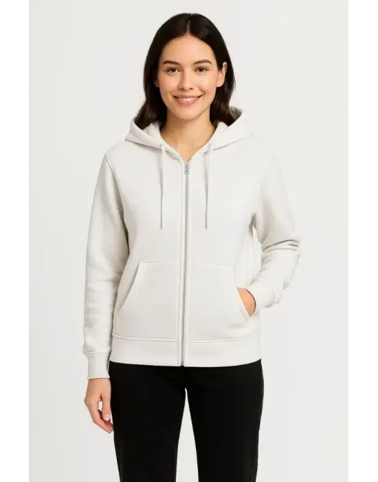 Üç İplik Kapüşonlu Tam Fermuarlı Kanguru Çepli SweatShirt Hoodie - Beyaz