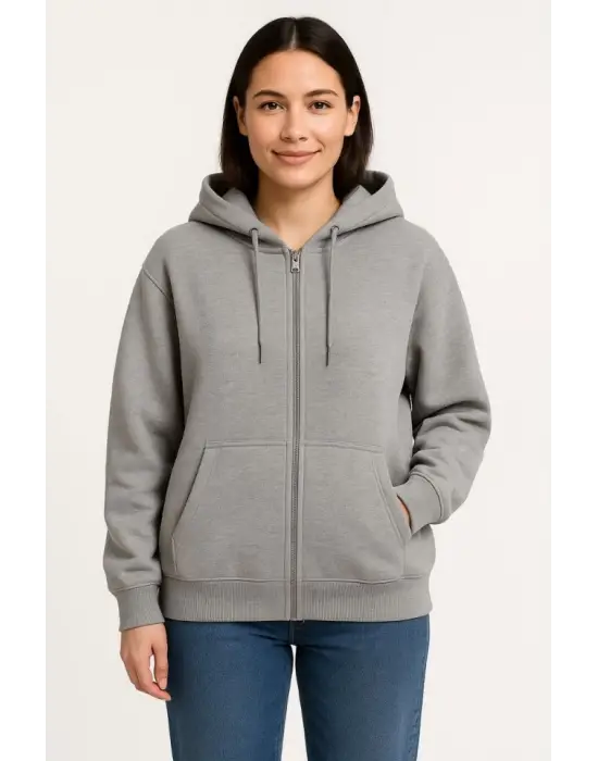 Üç İplik Kapüşonlu Tam Fermuarlı Kanguru Çepli SweatShirt Hoodie - Gri
