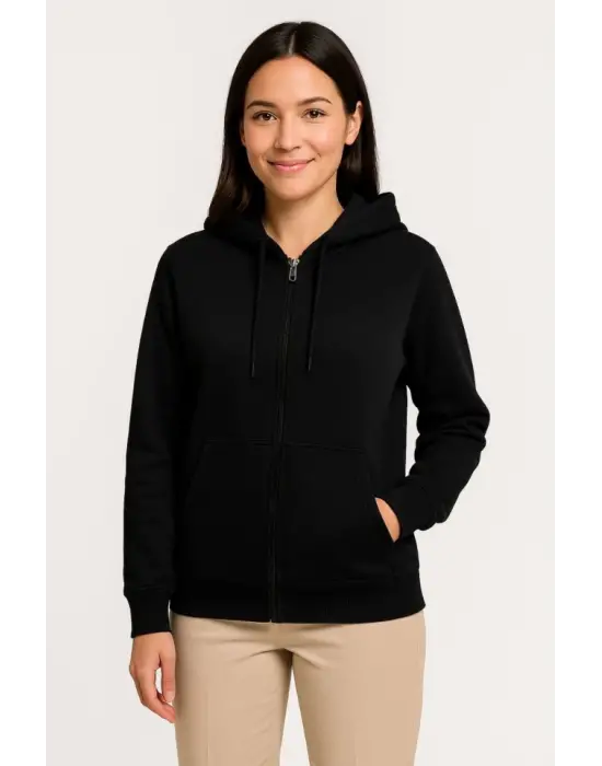 Üç İplik Kapüşonlu Tam Fermuarlı Kanguru Çepli SweatShirt Hoodie - Siyah