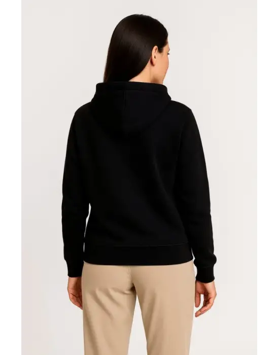 Üç İplik Kapüşonlu Tam Fermuarlı Kanguru Çepli SweatShirt Hoodie - Siyah