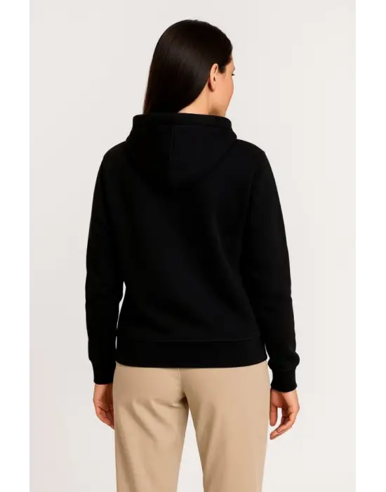 Üç İplik Kapüşonlu Tam Fermuarlı Kanguru Çepli SweatShirt Hoodie - Siyah