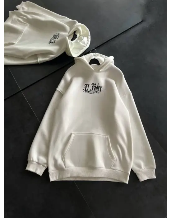 Üç İplik Penye Uzun Kol Kapşonlu Baskılı SweatShirt - Beyaz