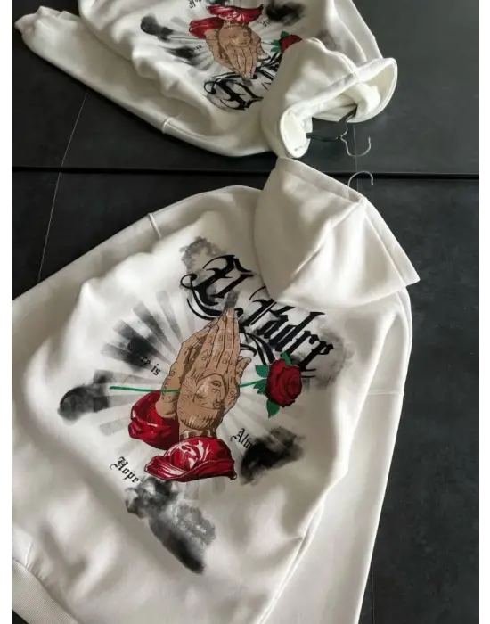 Üç İplik Penye Uzun Kol Kapşonlu Baskılı SweatShirt - Beyaz