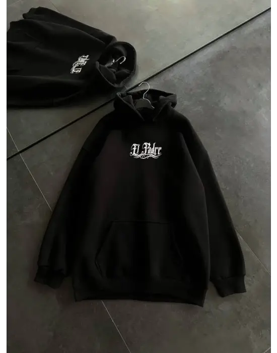 Üç İplik Penye Uzun Kol Kapşonlu Baskılı SweatShirt - Siyah