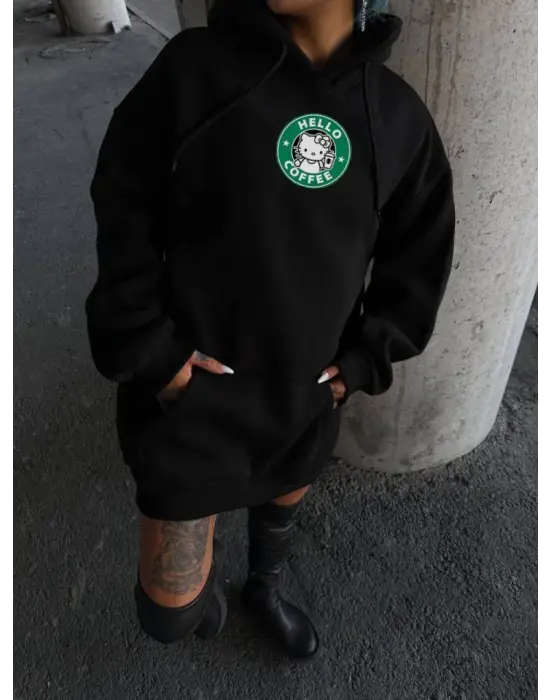 Üç İplik Penye Uzun Kol Kapşonlu SweatShirt - Siyah