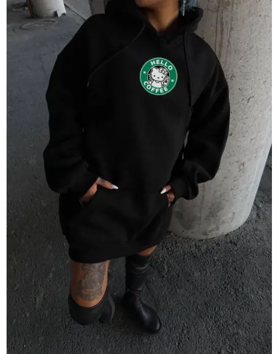 Omarı Siyah Penye Uzun Kol Kapşonlu Sweatshirt