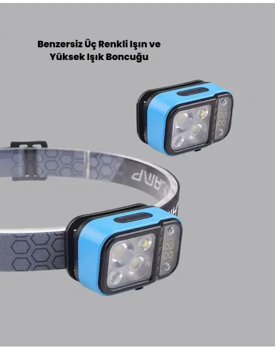 Üç Renkli Led Kafa Feneri 53 Mod Güç Göstergeli Type C Şarjlı