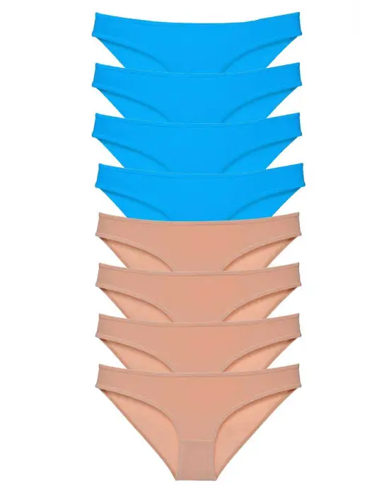 Omarı 8 Adet Likralı Kadın Slip Külot Seti - Ten ve Mavi Renkler