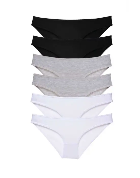 Omarı Yumuşak Likralı Kadın Slip Külot Seti - Siyah Gri Beyaz
