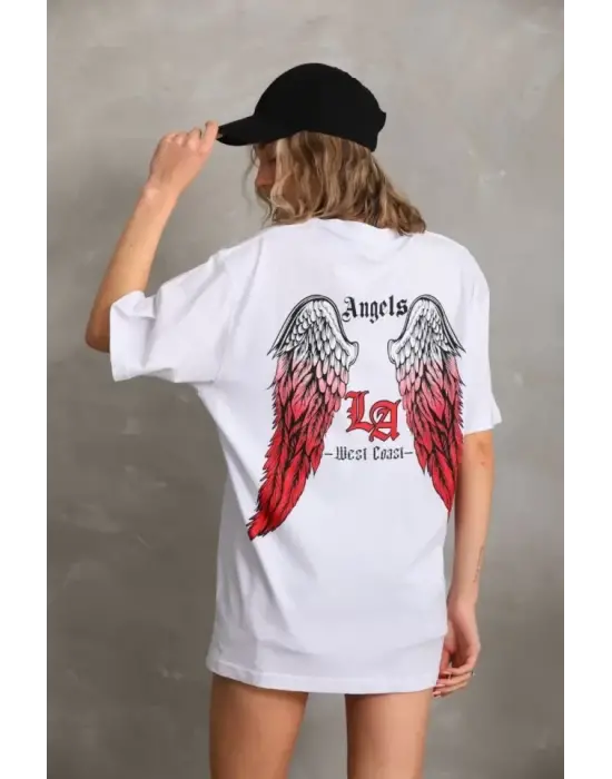 Oversize Baskılı Unisex Tişört - Beyaz