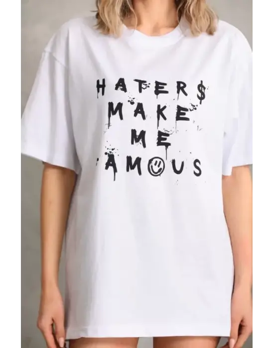 Baskılı Beyaz Oversize Tişört