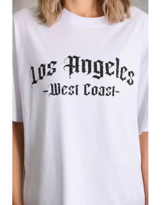 Oversize Baskılı Unisex Tişört - Beyaz