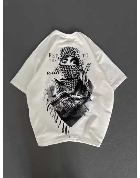 Baskılı Unisex Oversize Tişört - Beyaz