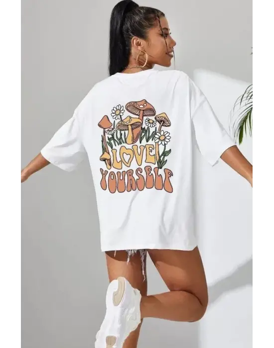 Baskılı Beyaz Oversize Tişört