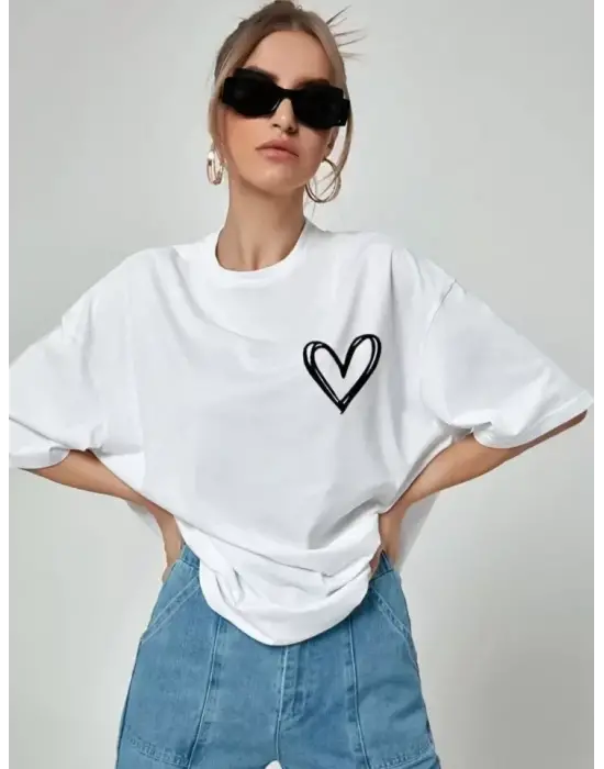 Unisex Baskılı Oversize T-Shirt - Beyaz