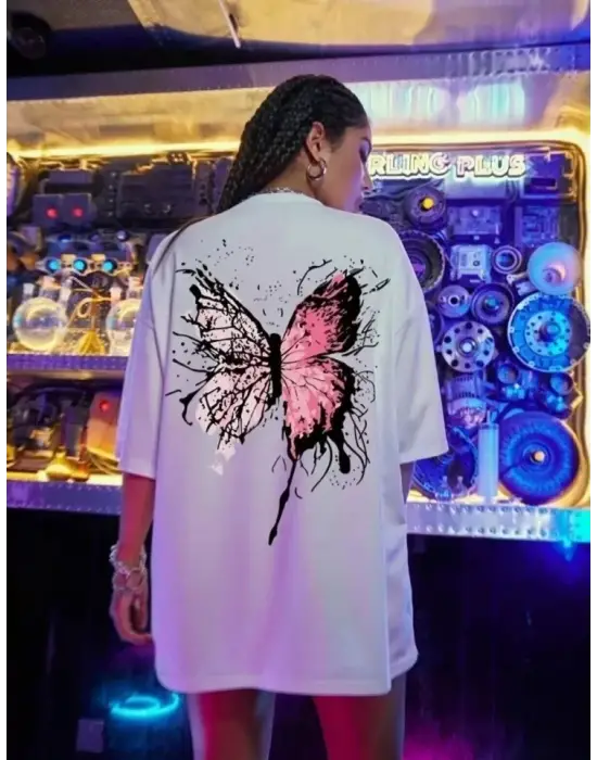 Baskılı Oversize Tişört - Beyaz